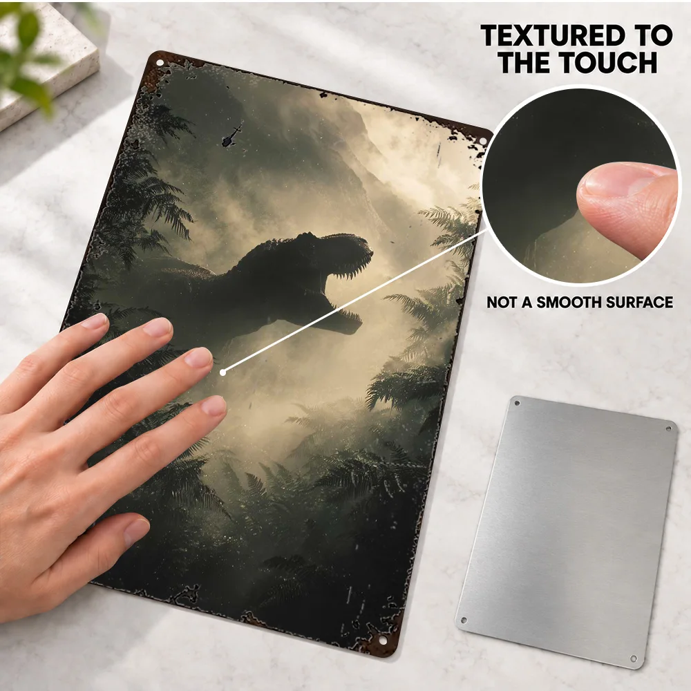 Roaring T-Rex In Misty Jungle Aluminum Poster Personalized Metal Sign Atmospheric Wildlife Illustration Wall Art For Living Room