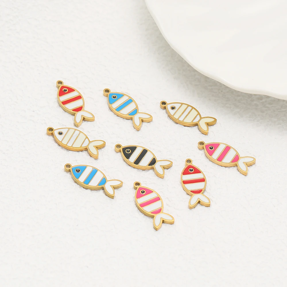 5 Stück Flache Emaille-Fischanhänger aus Edelstahl für DIY-Schmuck, Kinderanhänger, Damen-Halsketten, Kinder-Armbänder, Ohrringe – Detail 4