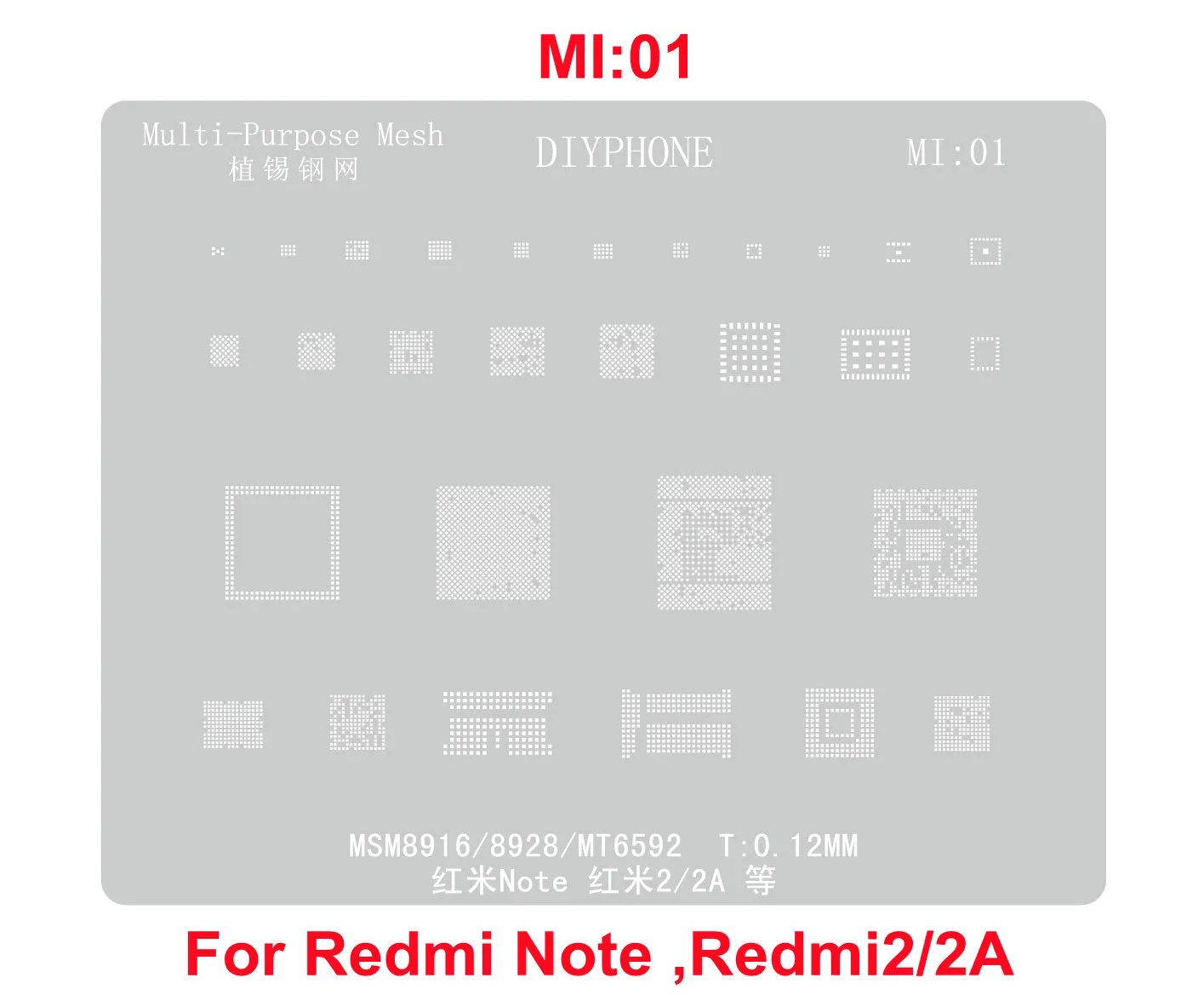 Diyphone-Estêncil BGA para Xiaomi, Rede de Plantação de Estanho, Xiaomi 10, Nota 11Pro, 12Pro, 13, 13Ultra, POCO C40, Redmi K30, K40, K50, CPU K50Pro, 0,12mm