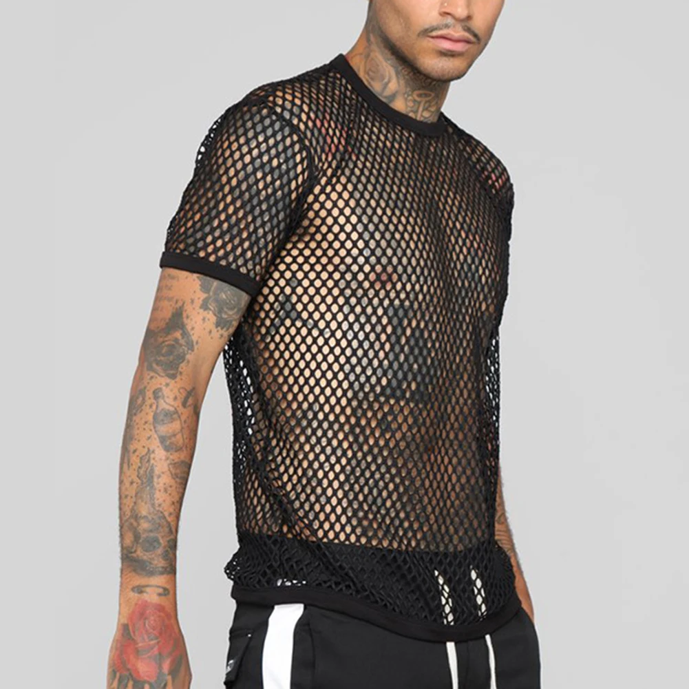 Tee Men Shirts Summer Sexy Short Sleeve Spring T Shirts Tops Autumn Transparent Crew Neck Fish Net Hollow Mesh