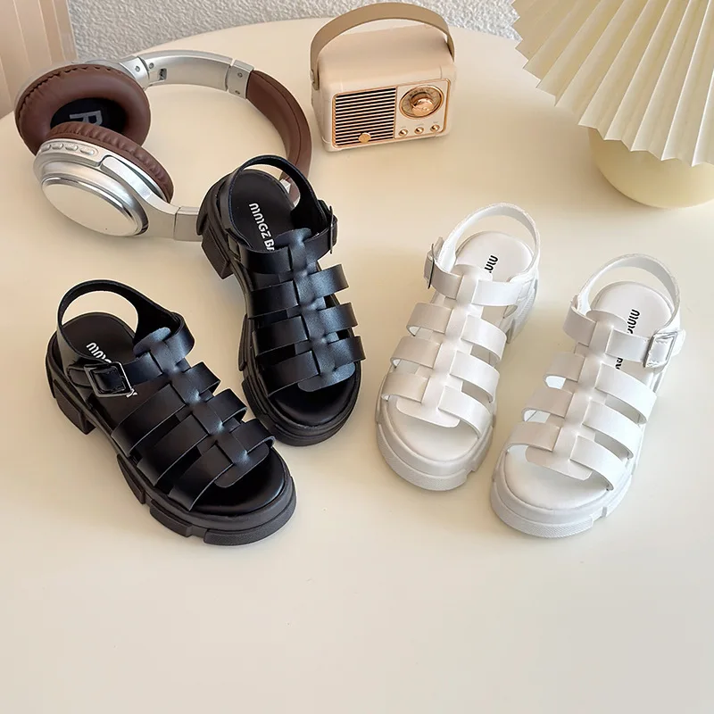 2025 New Thick Bottom One Word Middle Heel Sandals Casual Summer Coarse Heel Soft Bottom Versatile Sandals Roman Shoes