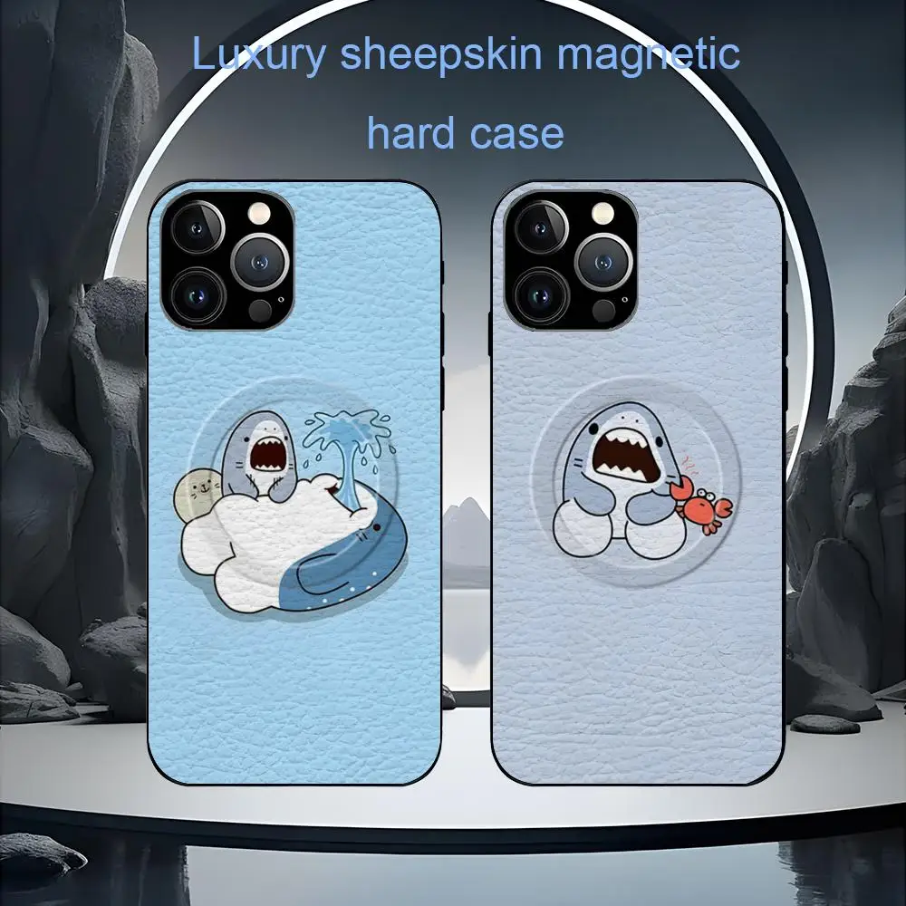 Coque de téléphone haut de gamme de luxe en peau de mouton Magsafe motif requin gras de dessin animé pour iPhone 17 16 15 14 13 12 11 Plus Pro Max