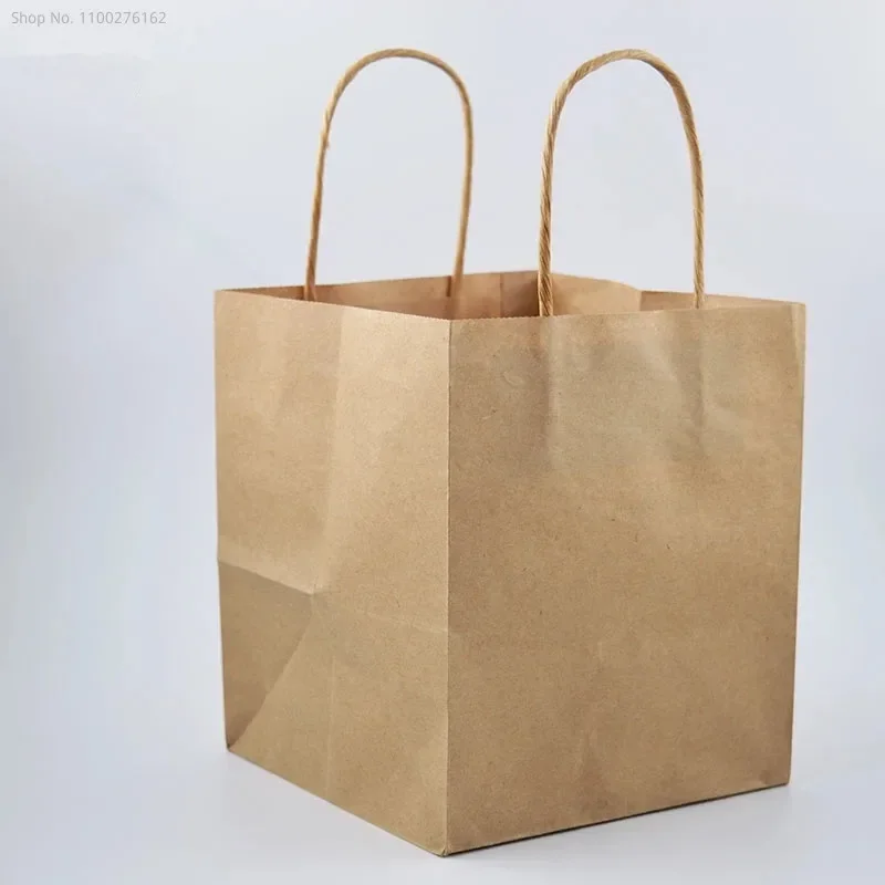 50pcs White Kraft Paper Square Bag Wide Bottom Takeout Packaging Pouch Food Packing Paper Bag with Handle 150*150*170mm