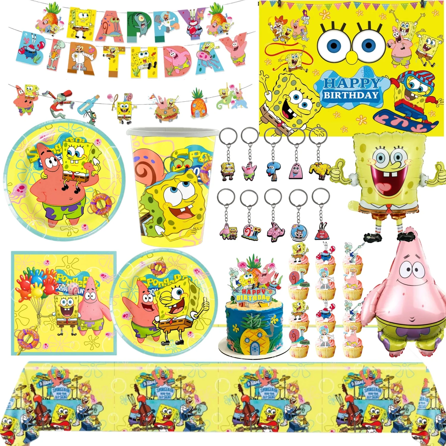 Niedliches gelbes Schwamm- und Bob-Thema-Partyzubehör, Einweggeschirr, Teller, Tasse, Tischdecken, Luftballons für Kindergeburtstage, Babyparty