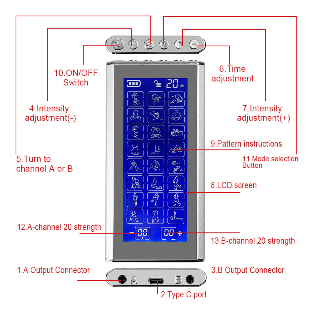 Portable 24 Modes Tens Unit Massager Low Frequency Therapy Device EMS Muscle Stimulator Massage Relax Pain Relief Fat Burner