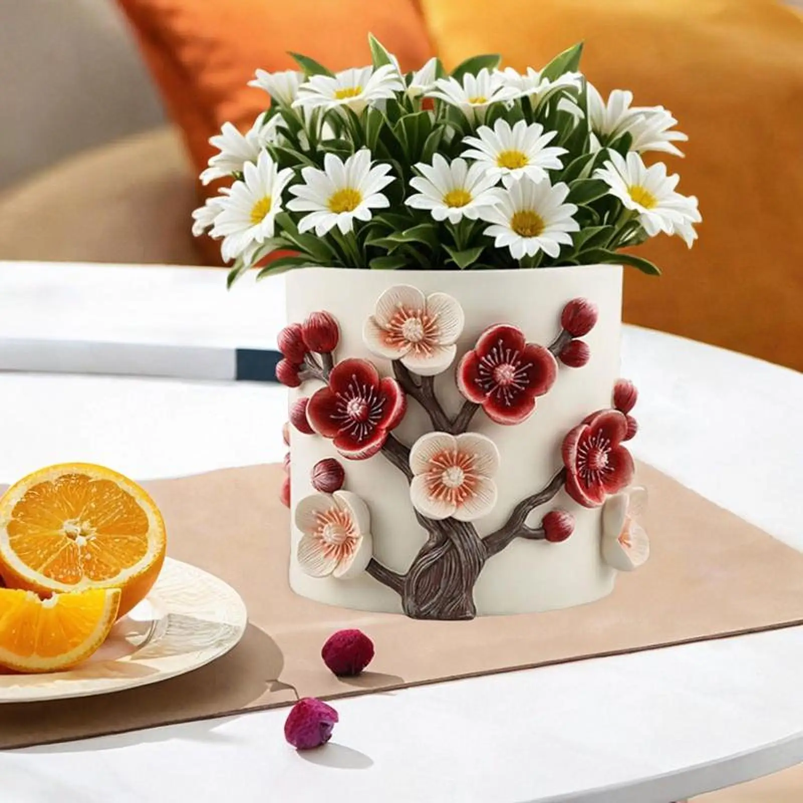 Flowerpot Plant Pot with Plum Blossom Relief Resin for Bookshelf Cabinet