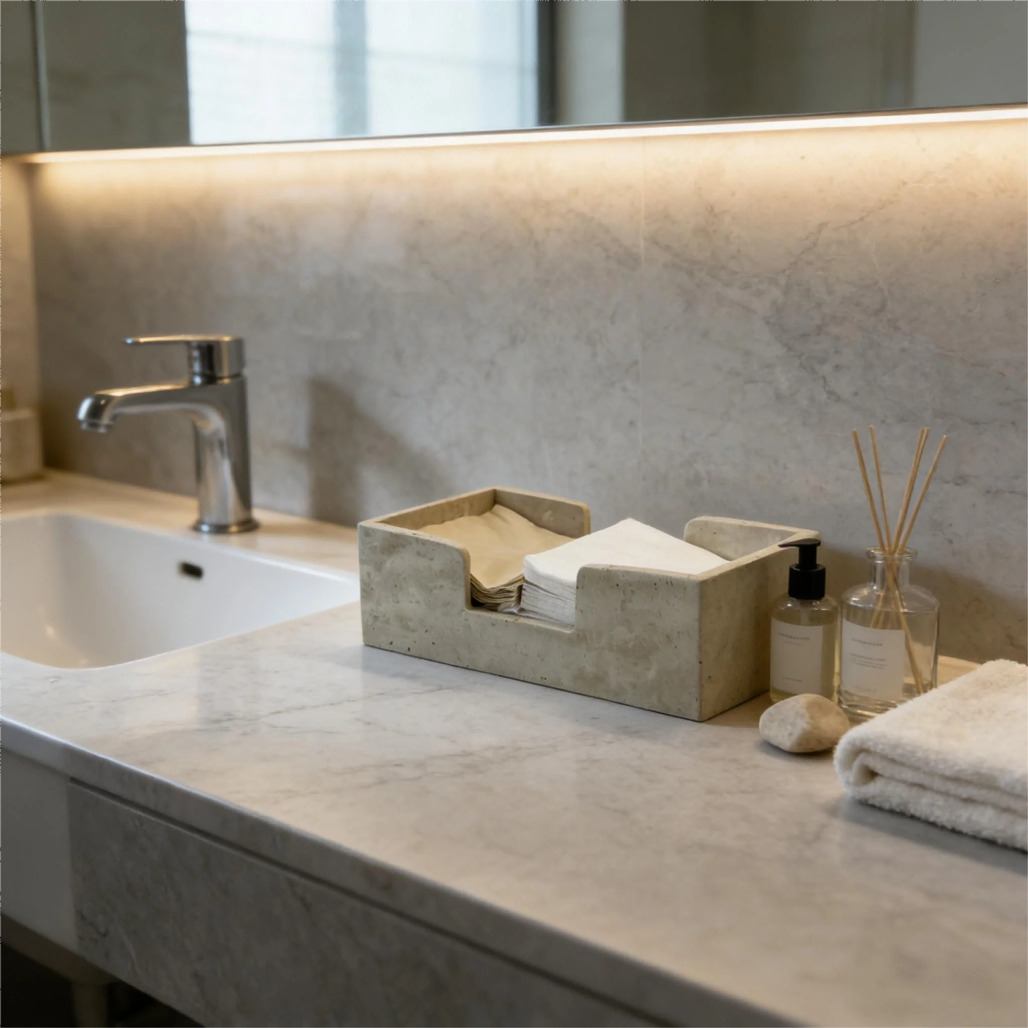 Caja de pañuelos rectangular de travertino natural, diseño simétrico, almacenamiento minimalista para escritorio, para joyas, cosméticos y decoración