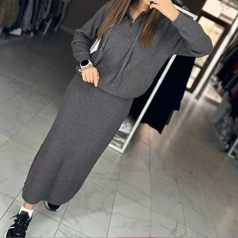 

Вязаный топ с капюшоном и юбка, комплект Long Sve Autumn Faion Ensemble, комплект из двух предметов, студенческий школьный orm Work