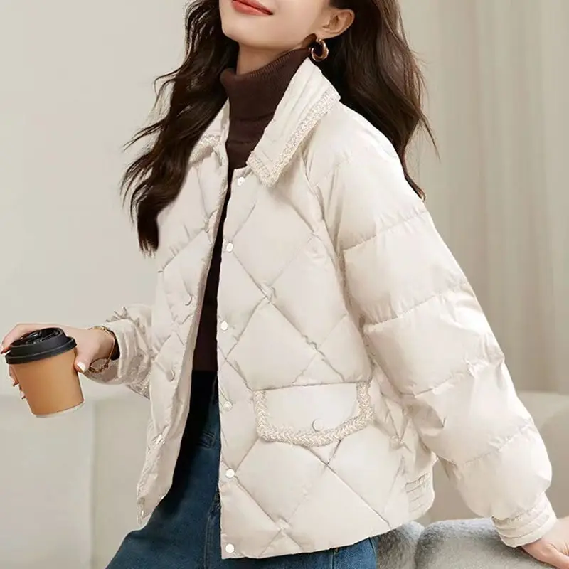 

Women's Down Cotton Parkas Lapel Coat Versatile Fashion Short Warm Overcoat Female Leisure Pure Colour Jacket