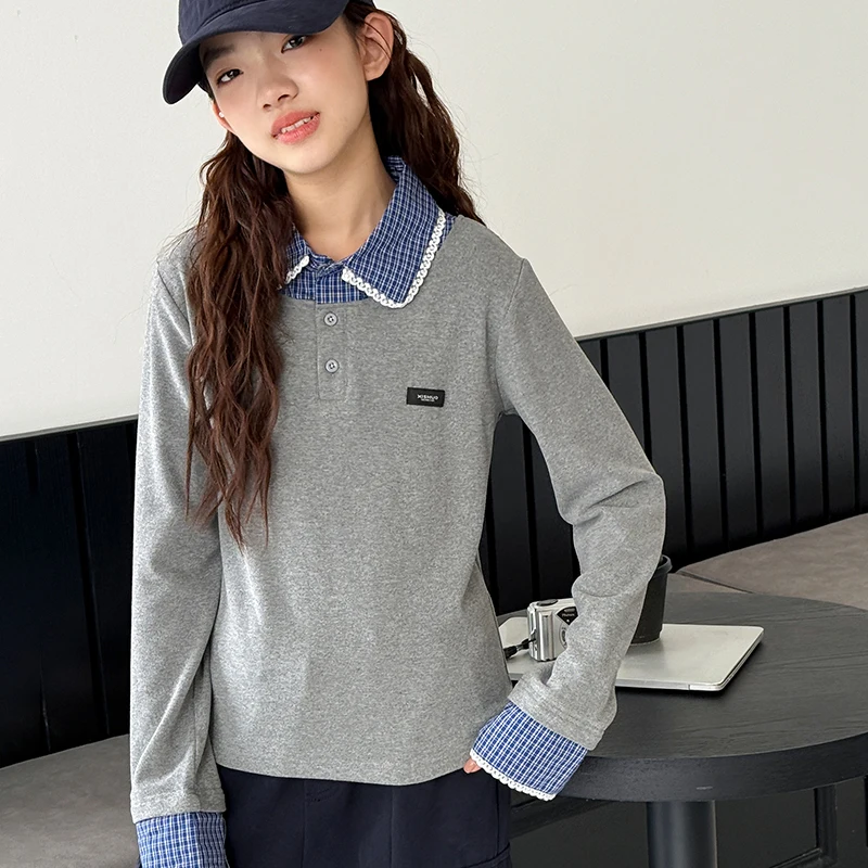 

Brief Slim Fit Kids Turn Down Collar Long Sleeve T-shirt for Tween Girls Grey Color Spring Autumn Tee Tops Child Casual Tshirt