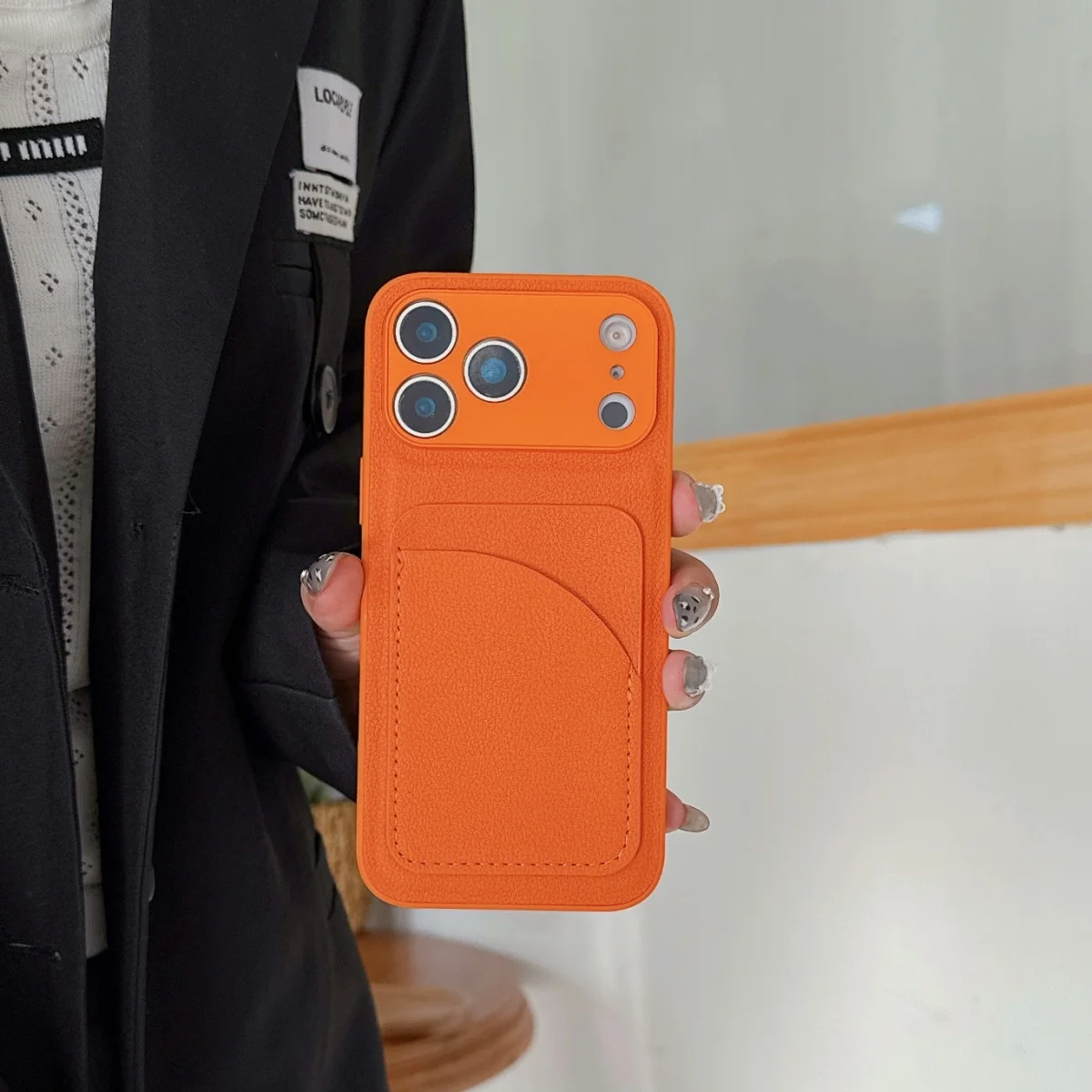 Leather Orange Color Card Holder Case For iPhone 17 Air 16 E 15 14 13 12 Mini 11 Pro X XR XS Max 7 8 Plus SE Wallet Pocket Cover view 2