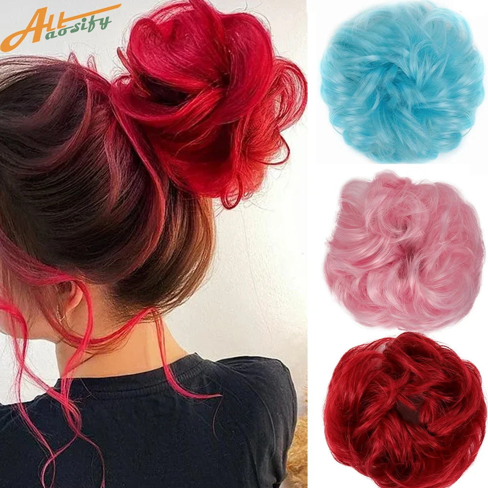 

Allaosify Synthetic Hair Bun Women's Natural Curly Messy Bun Hairpieces Hair Extensions Pink Red Black Chignon With Rubber Band