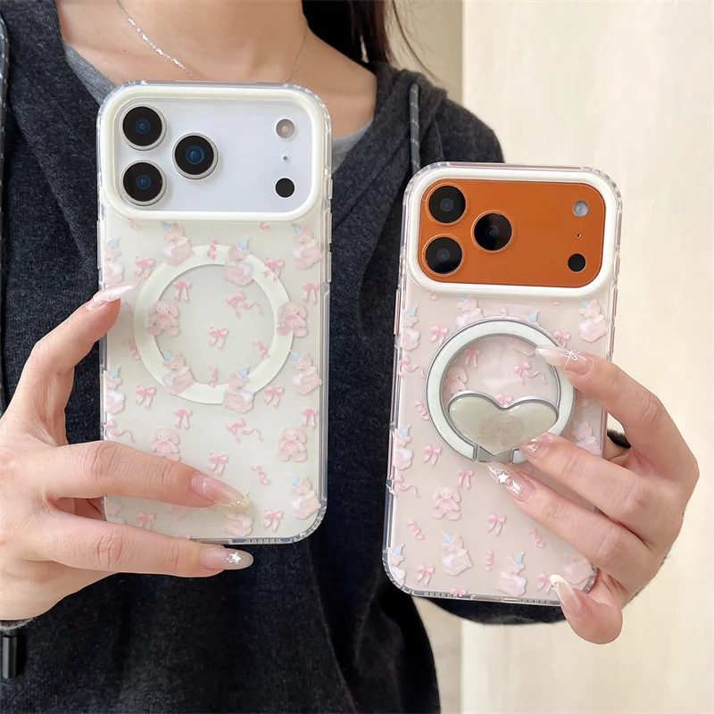 

Korean Cute Cartoon Rabbit Magnetic Phone Case For iPhone 17 16 Pro 15 14 Pro Max Cover with Holder Shockproof Cases For Magsafe