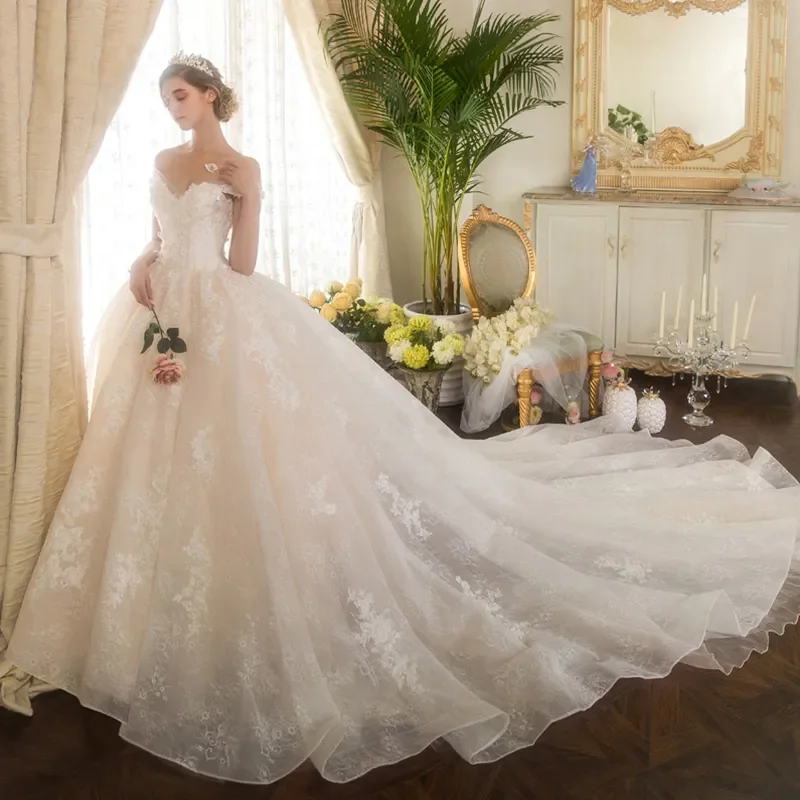 

Customized 2026 Elegant Skirt Dress Wedding Off Shoulder Sweetheart Collar Tulle Lace Stickers Back Strap Vestino De Novia