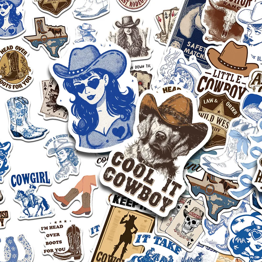 50 Stück coole blaue braune Cowboy-Aufkleber für Laptop, Sammelalbum, Skateboard, Koffer, Gitarre, DIY, ästhetische wasserfeste Aufkleber