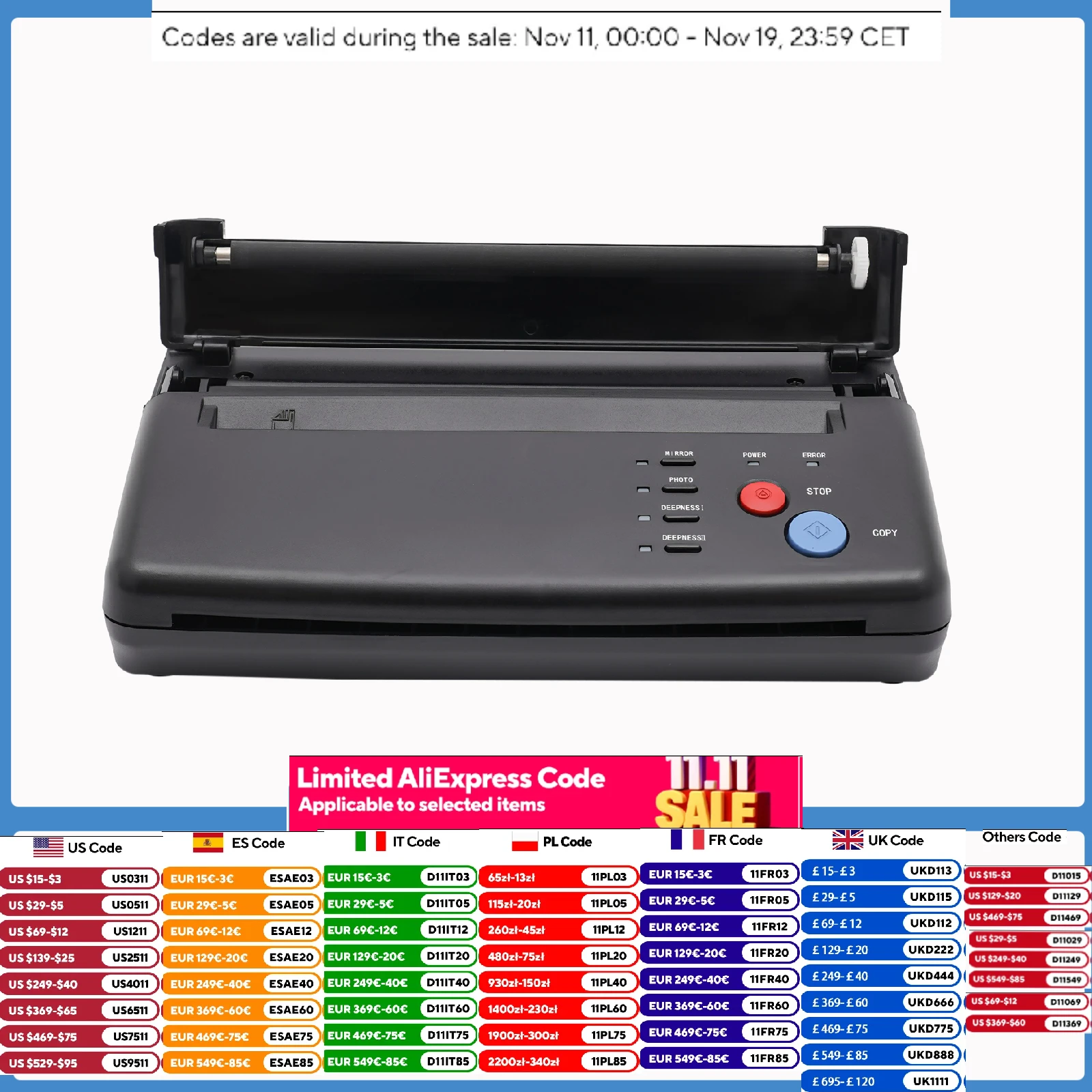 Imprimante de pochoirs de transfert de tatouage, 220V, Machine à copieur, balayage efficace, largeur: 21cm A4, noir