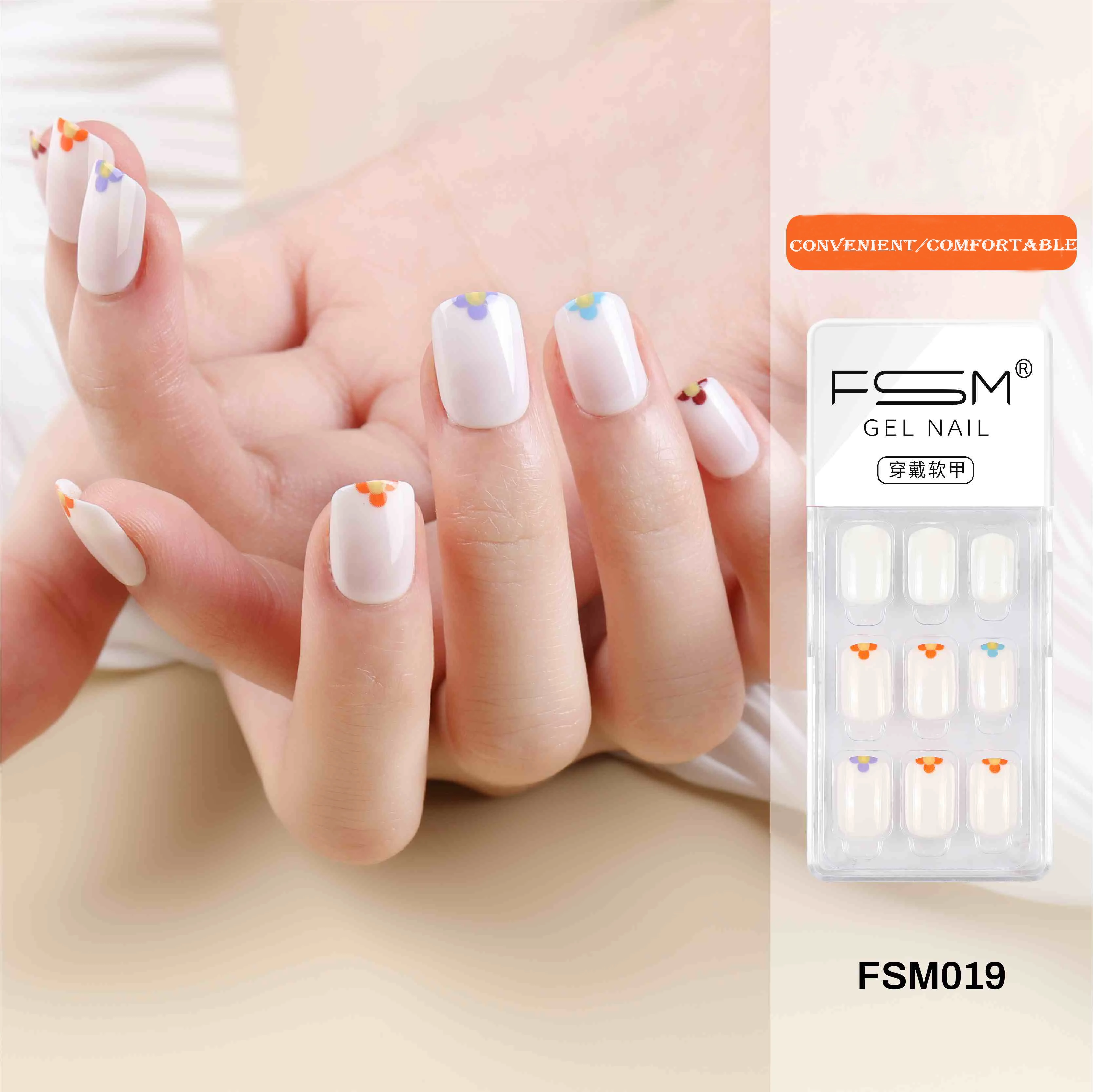 

Press on Nails Short Square Fake Nails with Flower Designs Nude White overlay Stick on Nails Acylic Nails for Women and Girls