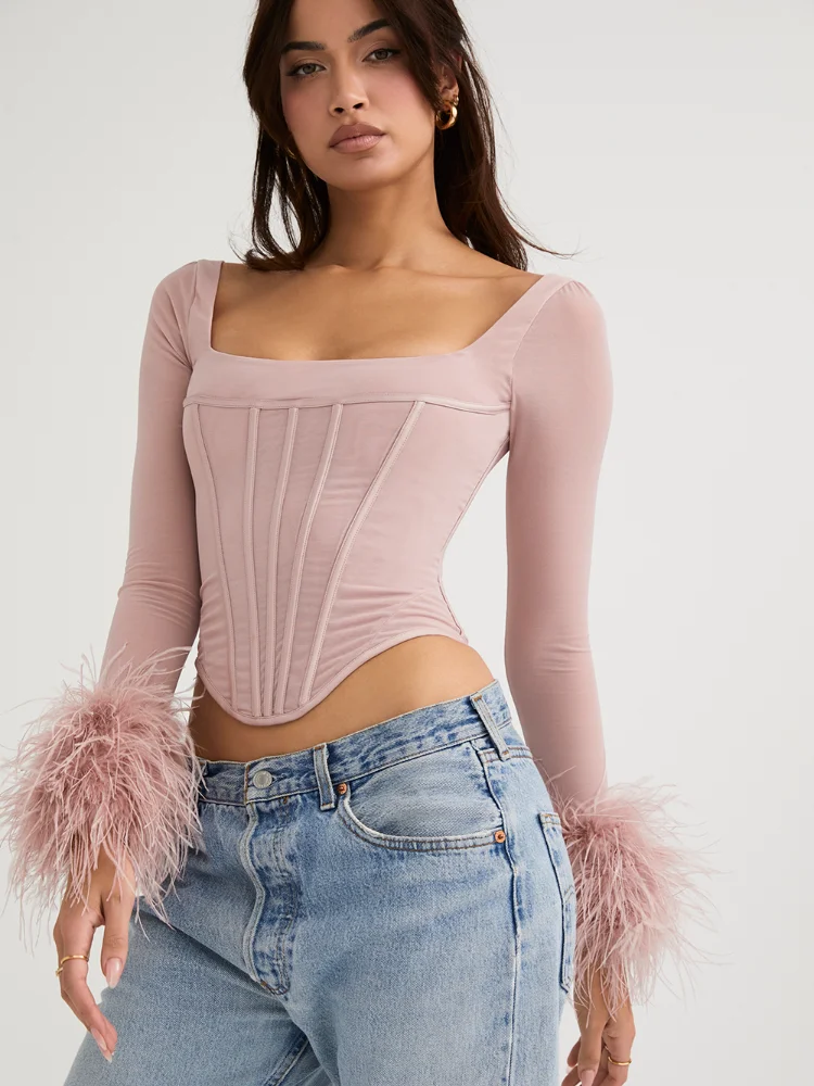 Y2K Crop T-Shirts Women Sexy Feather Long Sleeve Top Ladies Hotsweet Square Neck Corset Tees Female Party Fairy Bodycon T Shirt