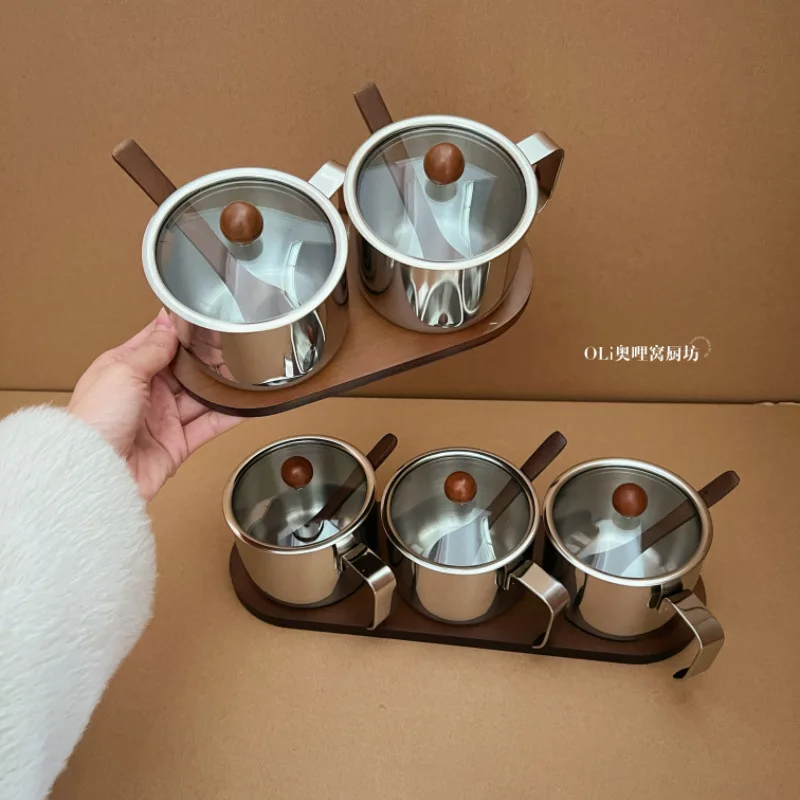 

304 Stainless Steel Acacia Wood Seasoning Bottles and Jars, Salt Mixing Jars Kitchen Storage Boxes, Condiments for Household Use