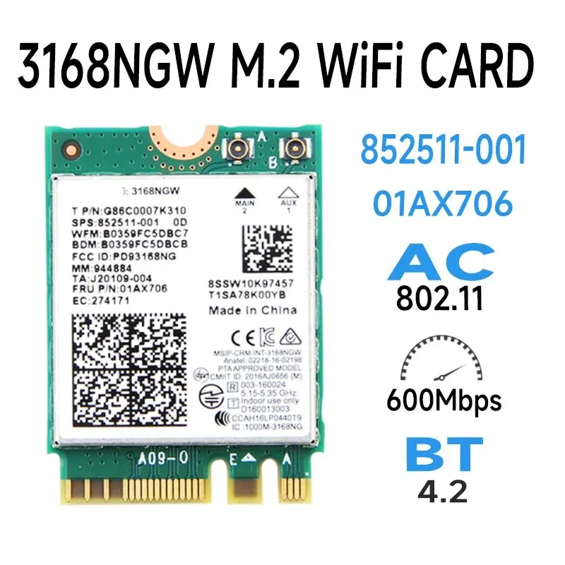 

Dual band Wireless 600Mbps Wireless Network Wi-fi Card Wifi Receiver 3168 AC 3168NGW NGFF M.2 802.11ac For Bluetooth 4.2
