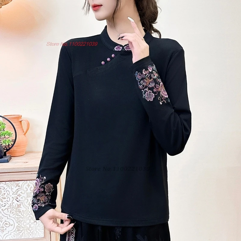 

2025 chinese traditional folk shirt national flower embroidery fleece lined shirt retro vintage base shirt improved hanfu tops