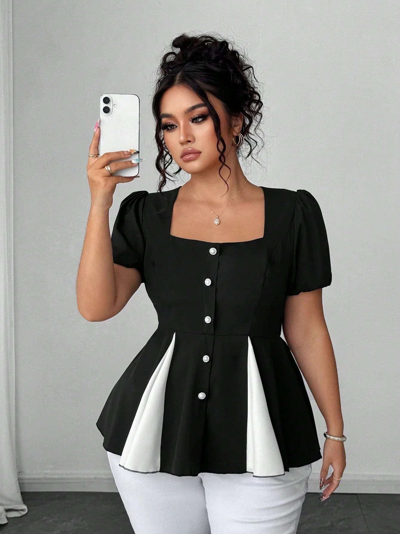 

Plus Size Summer Blouse With Puff Sleeve Square Neck Faux Pearl Button Peplum Top