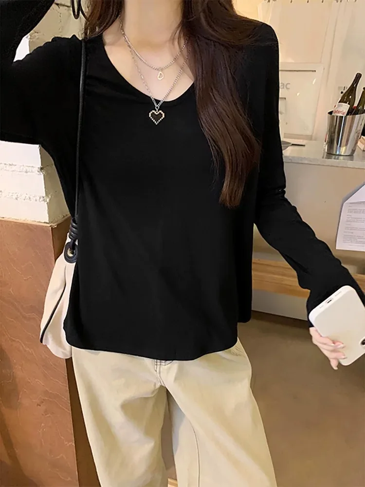 

Свободная женская футболка с длинным рукавом и V-образным вырезом, весна-осень, большие размеры, удобная базовая футболка, повседневный хлопковый топ в стиле кэжуал