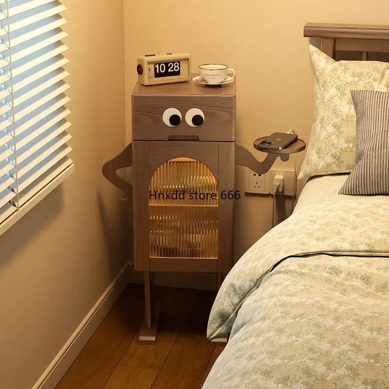 Robot bedside table with lamp, all solid wood edge and side cabinet