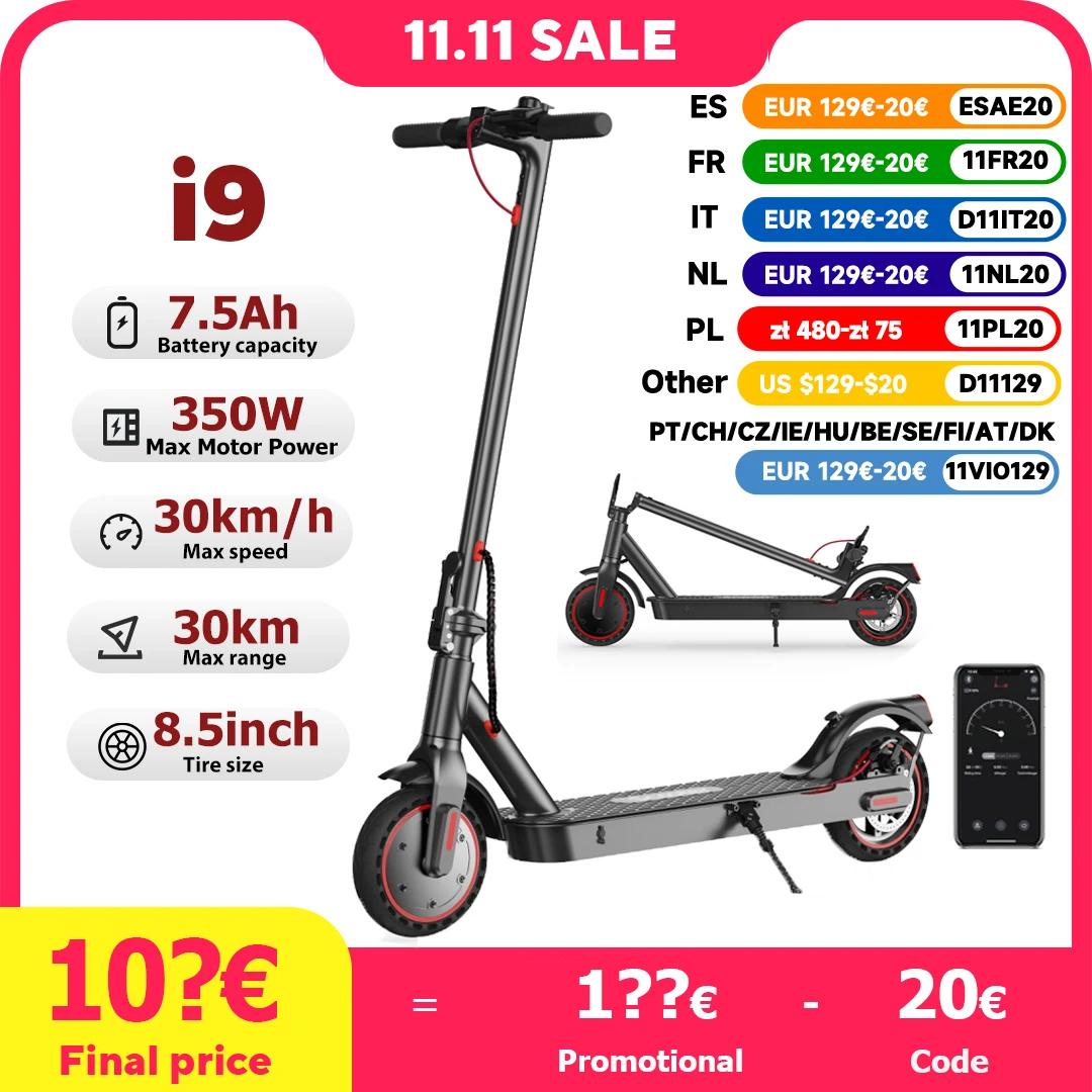 iScooter i9 Electric Scooter 350W Motor 36V7.5Ah 30km Range 8.5 inch Honeycomb Tire Electric kick Scooters With App ECO Display