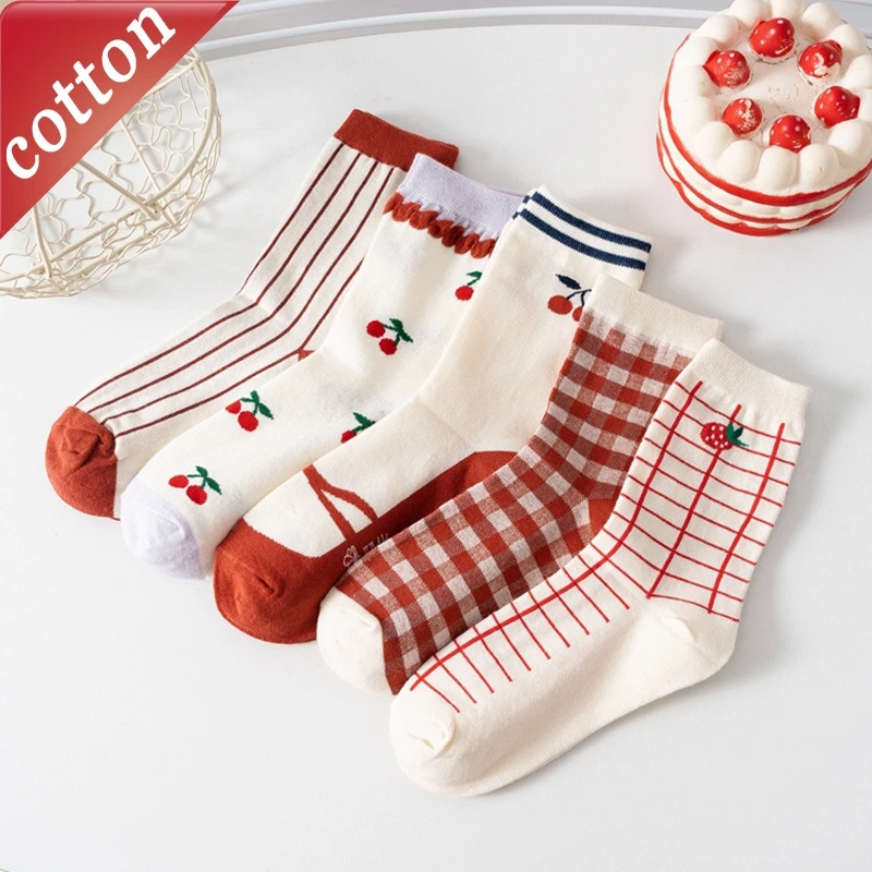 Women's Socks Japanese Kawaii Harajuku Sweet Cute Strawberry Striped Grid Versatile High Quality Cotton Socks For Girl Wholesale
