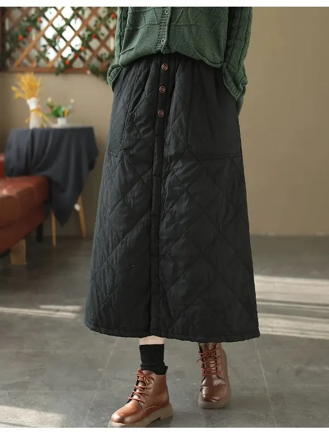 Geschnittener Winter-F-Rock mit Knopf und großem Ket-Midirock in A-Linie mit hoher Taille für Damen, Baumwollmischung mit Rautengittermuster