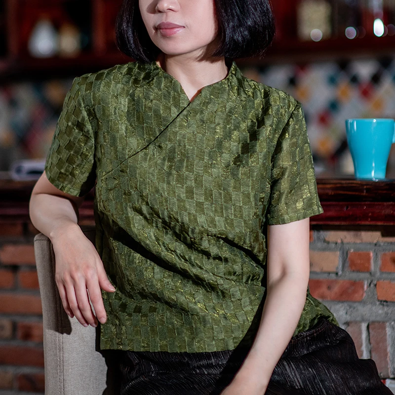 

Chinese Sle Stand Collar ort Sve irt Linen Silk Plaid een Autumn Fraance Casual Top for Women Summer Wear