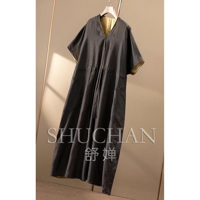 Luxe dubbelzijdige slijtage, zware zijde geurig wolkengaren kleine vlinderjacquard jurk met V-hals dames 2Y24