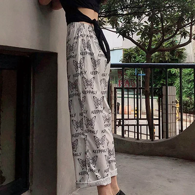 

New Fashion Wild Y2k Butterfly Print Wide-leg Trousers Casual High Waist Summer New Student Loose Thin Punk Streetwear 2024 New