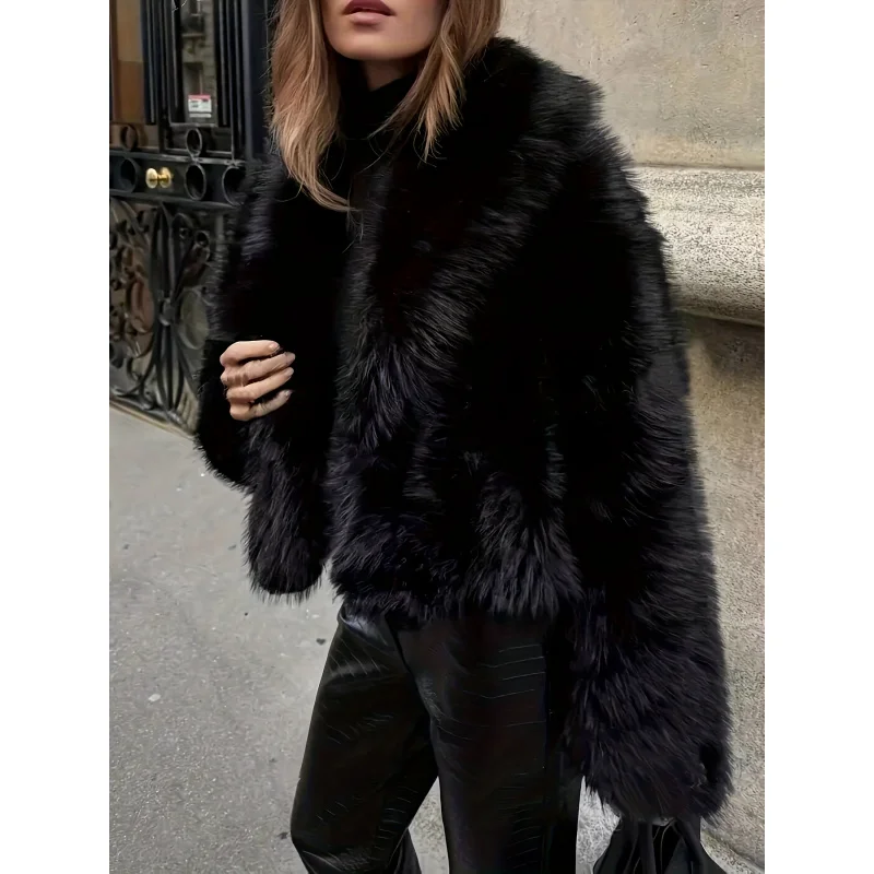 UNIZERA abrigo corto de piel suelto de color sólido Otoño e Invierno nuevo artículo solapa abrigo cálido de manga larga para mujer