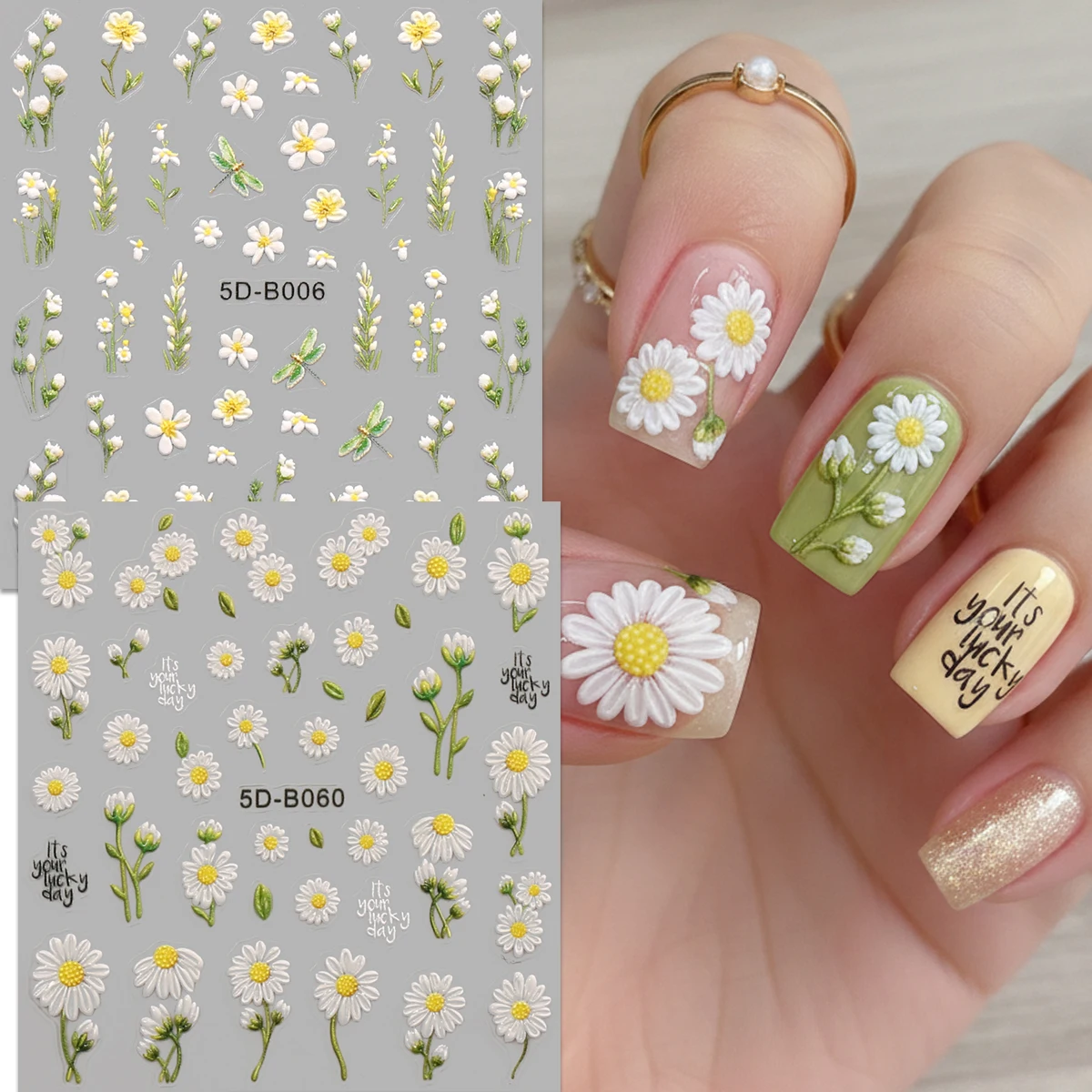 2 pegatinas para uñas con diseño de margarita fresca en 5D, pegatinas para uñas con diseño de margarita blanca, flor pequeña, libélula y palabras, para uso diario en primavera, Pascua