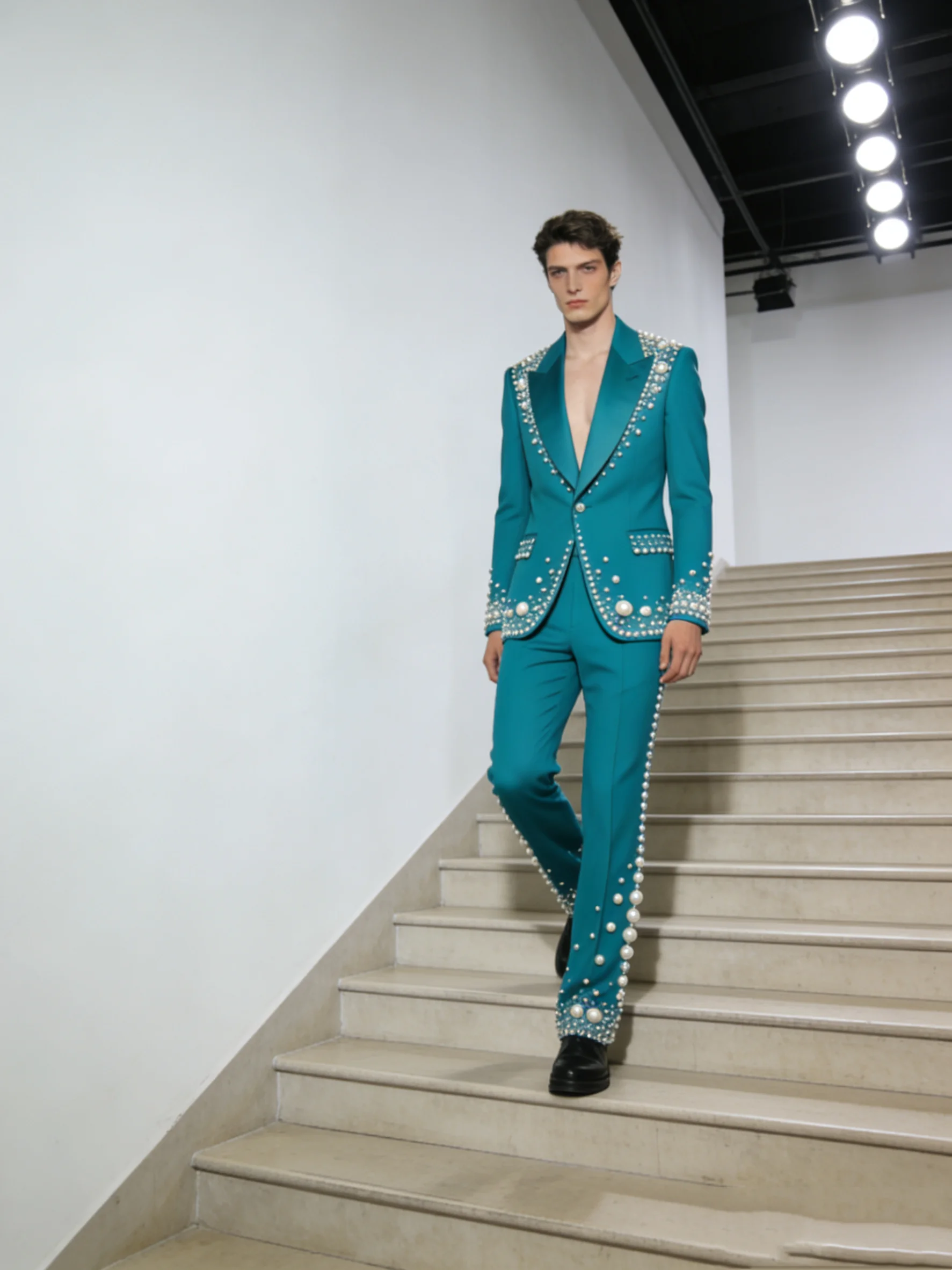 

Light Blue Men Suit Set 2 Pcs Blazer+Pants Trousers Stone Crystals Wedding Tuxedos Formal Office Business Jacket Coat Customized