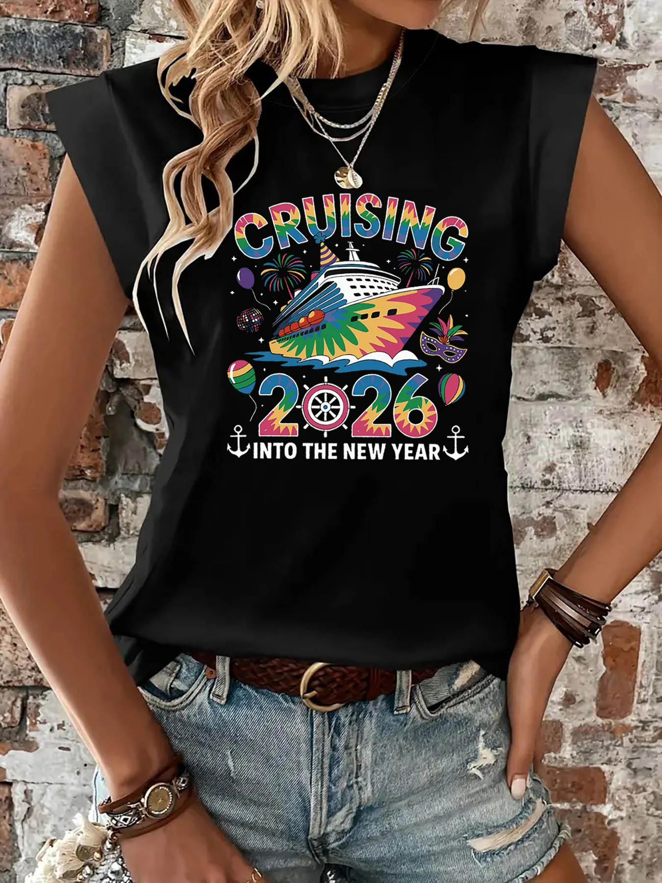 

Женская футболка с коротким рукавом CRUISING 2026 INTO THE NEW YEAR с буквенным принтом, круглым вырезом, повседневная, для лета и весны