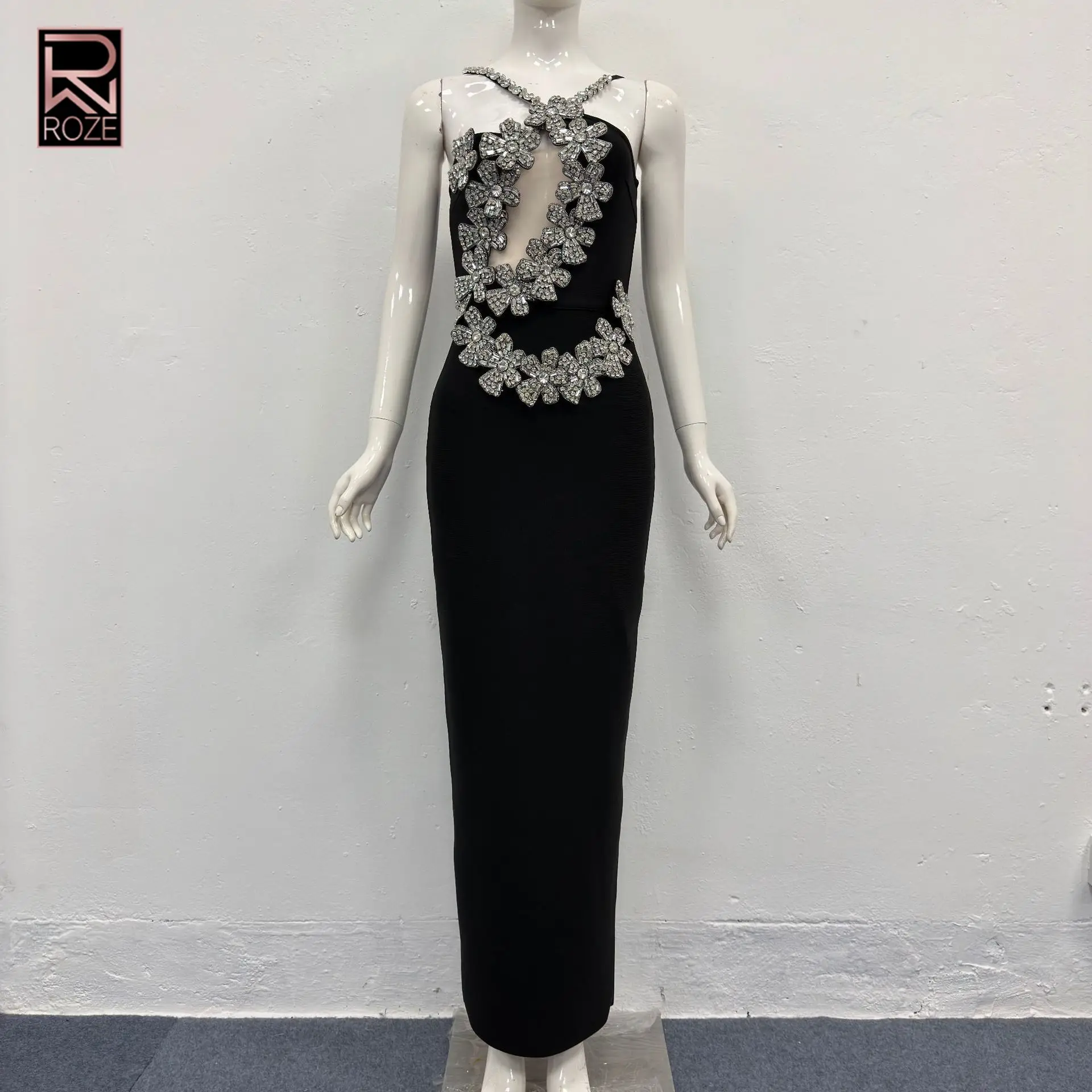 

Halter Neck Dress with Floral & Rhinestone Bandage Detail, Elegant Bodycon Long Gown for Banquet Party Wedding Reception