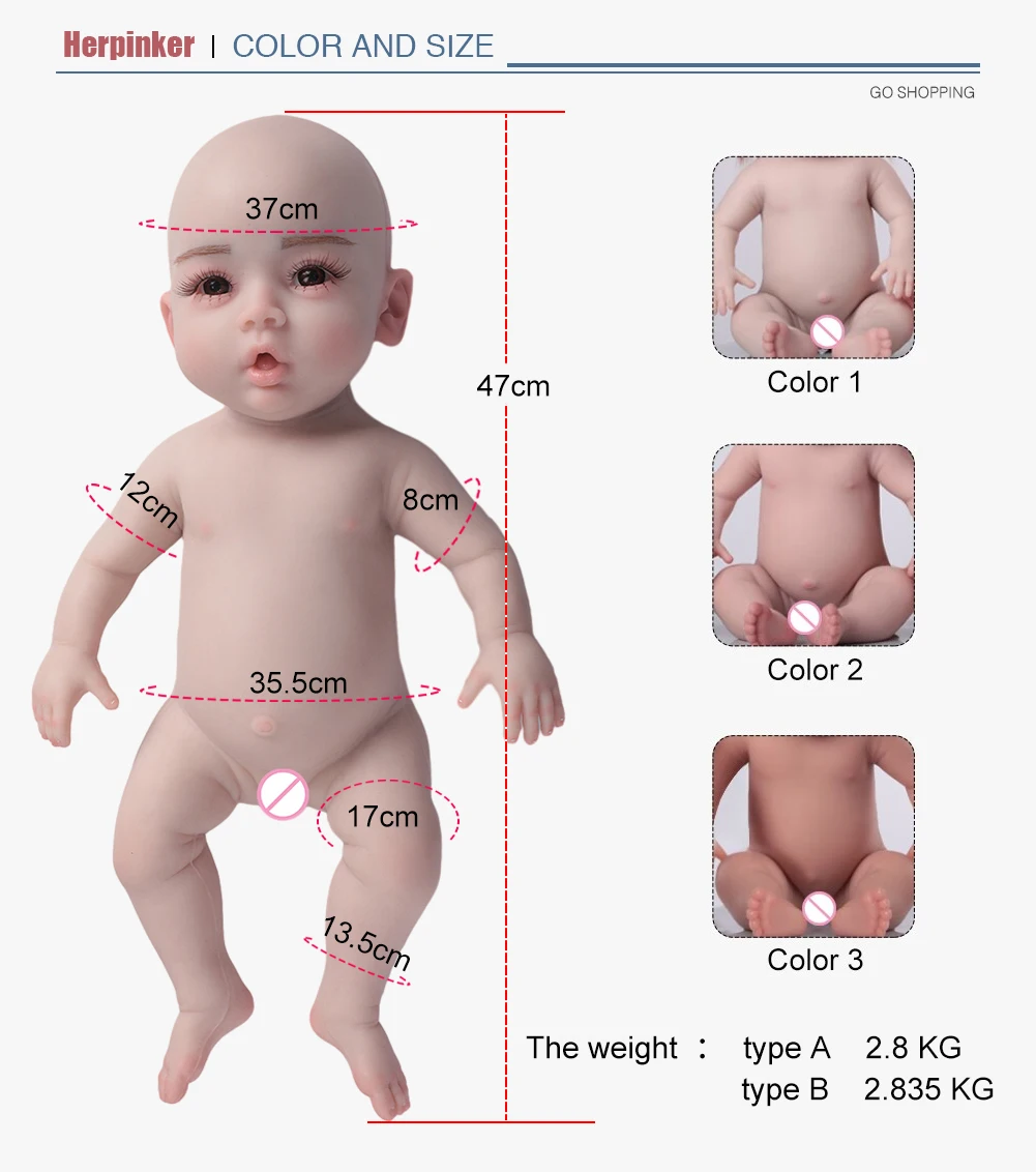 47 سنتيمتر تولد من جديد دمى واقعية لينة سيليكون كامل الجسم بيبي الوليد ابتسامة الفتيان والفتيات واقعية لعب الأطفال DIY بها بنفسك مكافحة الإجهاد