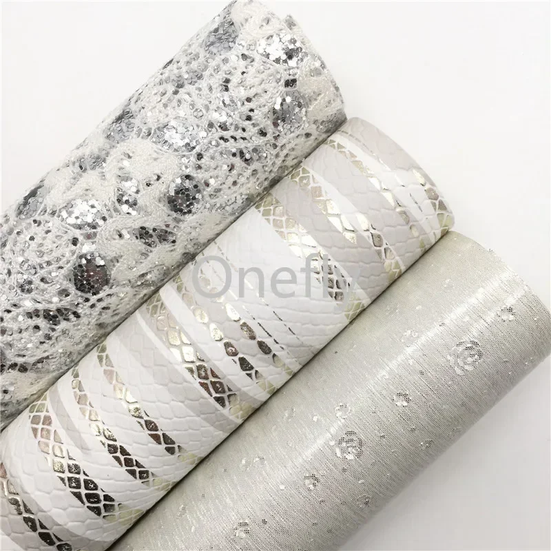 Onefly 21X29CM White Lace Glitter Fabric, Metallic Snake Faux Leather Fabric Sheets For Bow DIY  handbags shoes  AQ084