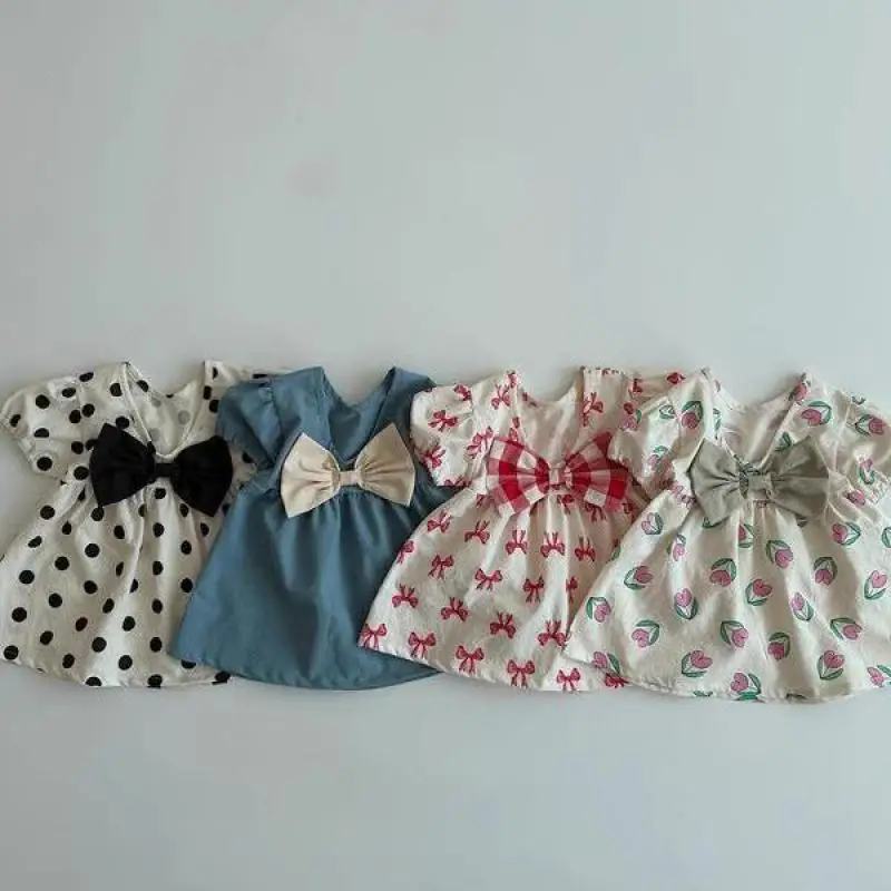 

2026 Summer New Girls Cute Bow Short Sleeve Dress Infant Dress Baby Girl Flower Print Princess Dress Cotton Toddler Clothes