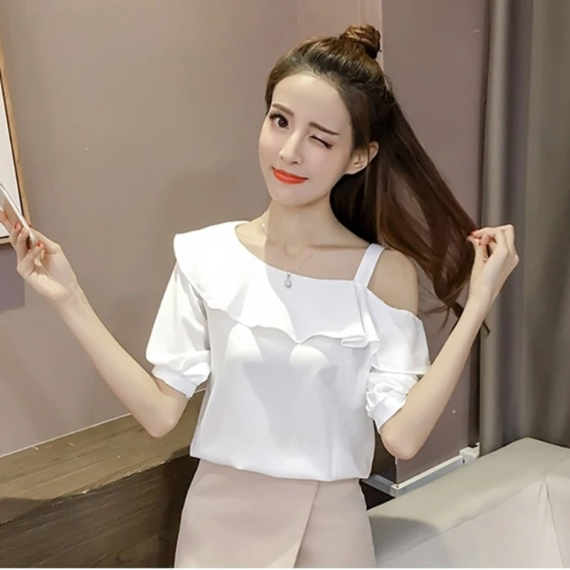 New Summer Women Sexy off-the-shoulder short-sleeved chiffon shirt female ruffled word collar solid color sweet blouse top