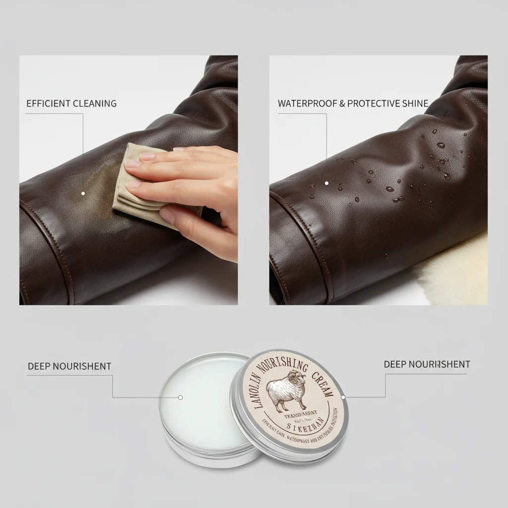 كريم العناية بالسترة الجلدية - بلسم لانولين المغذي، بلسم شفاف لاستعادة، مقاوم للماء وحماية المعاطف الجلدية