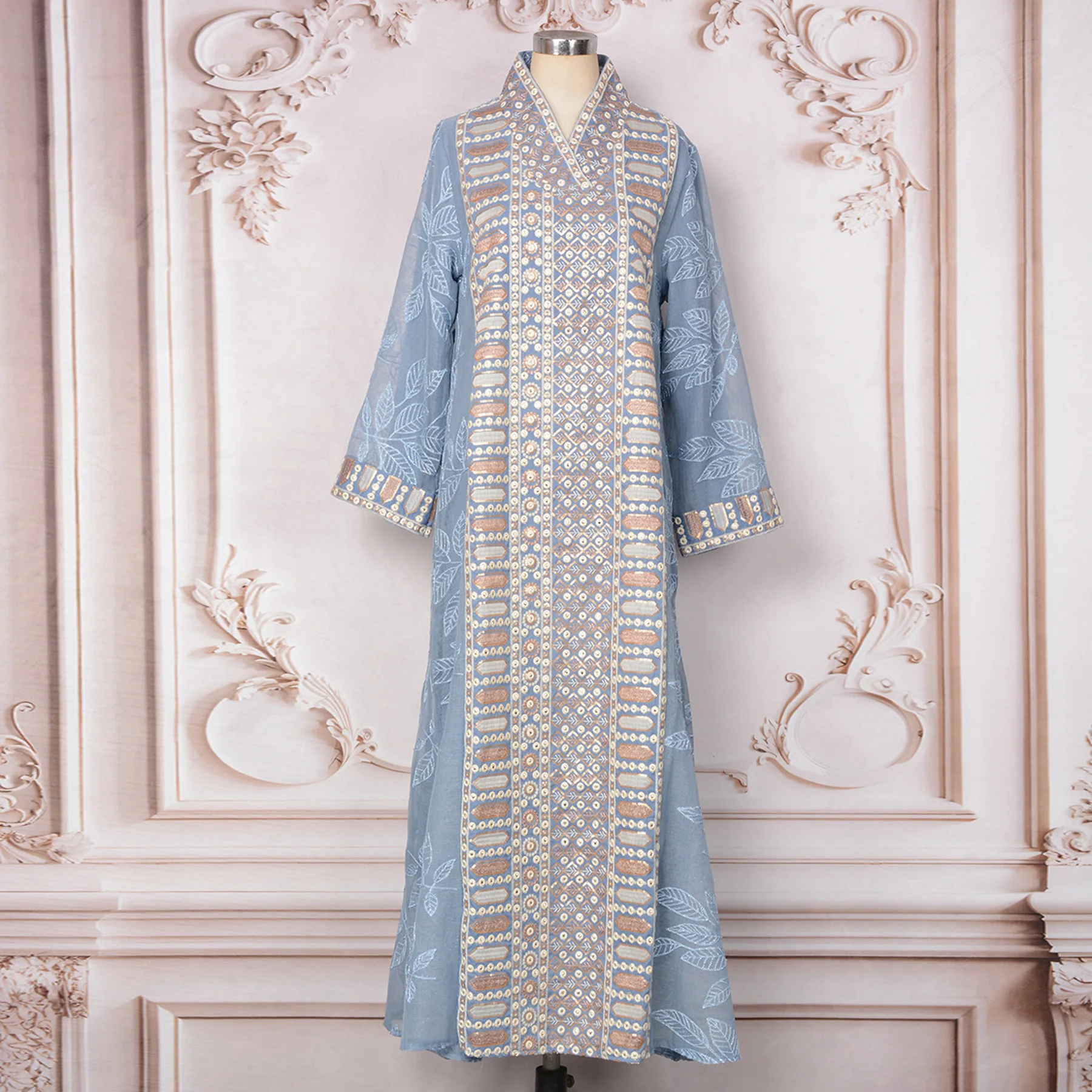 

Ramadan Eid Regular-Fit Arab Dress Jalabiya Muslim Abaya Women Dress-V Neck, Thread & Sequins Embroidery. Gulf Traditional Gown