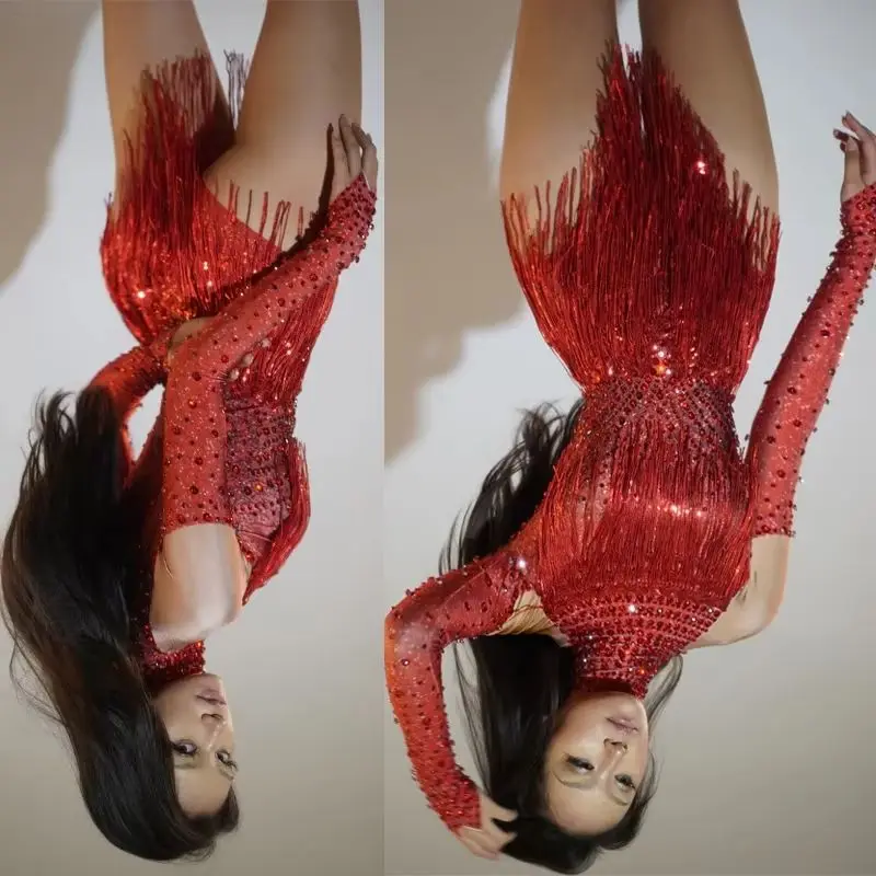 

Nightclub Ds Dj Party Gogo Costume Red Rhinestones Fringed Bodysuit Women Pole Dance Clothing Drag Queen Outfit