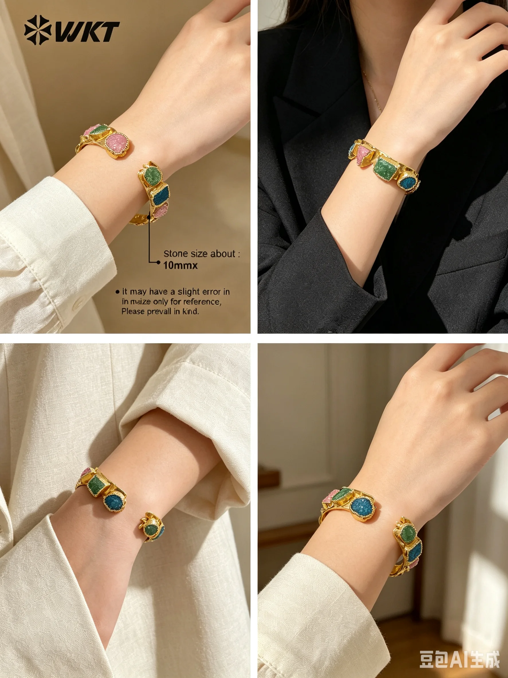 WT-B515 WKT Natural Stone Bangle Geometry Druzy Quartz Bangle Gold Electroplated Adjustable Women Fashion Bracelet Jewelry