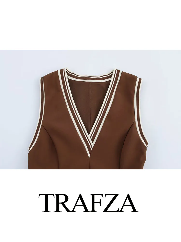 TRAFZA 2025, estilo de vacaciones de verano para mujer, vestidos ajustados de tubo marrón con cuello en V, vestido con cremallera lateral, nueva moda para mujer, vestido sin mangas