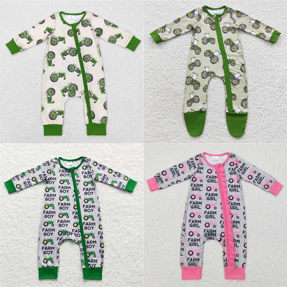 

Wholesale Toddler Baby Boy Romper Tractor Farm Green Clothes Kids One-piece Newborn Coverall Bodysuit Long Sleeves Zip Jumpsuit