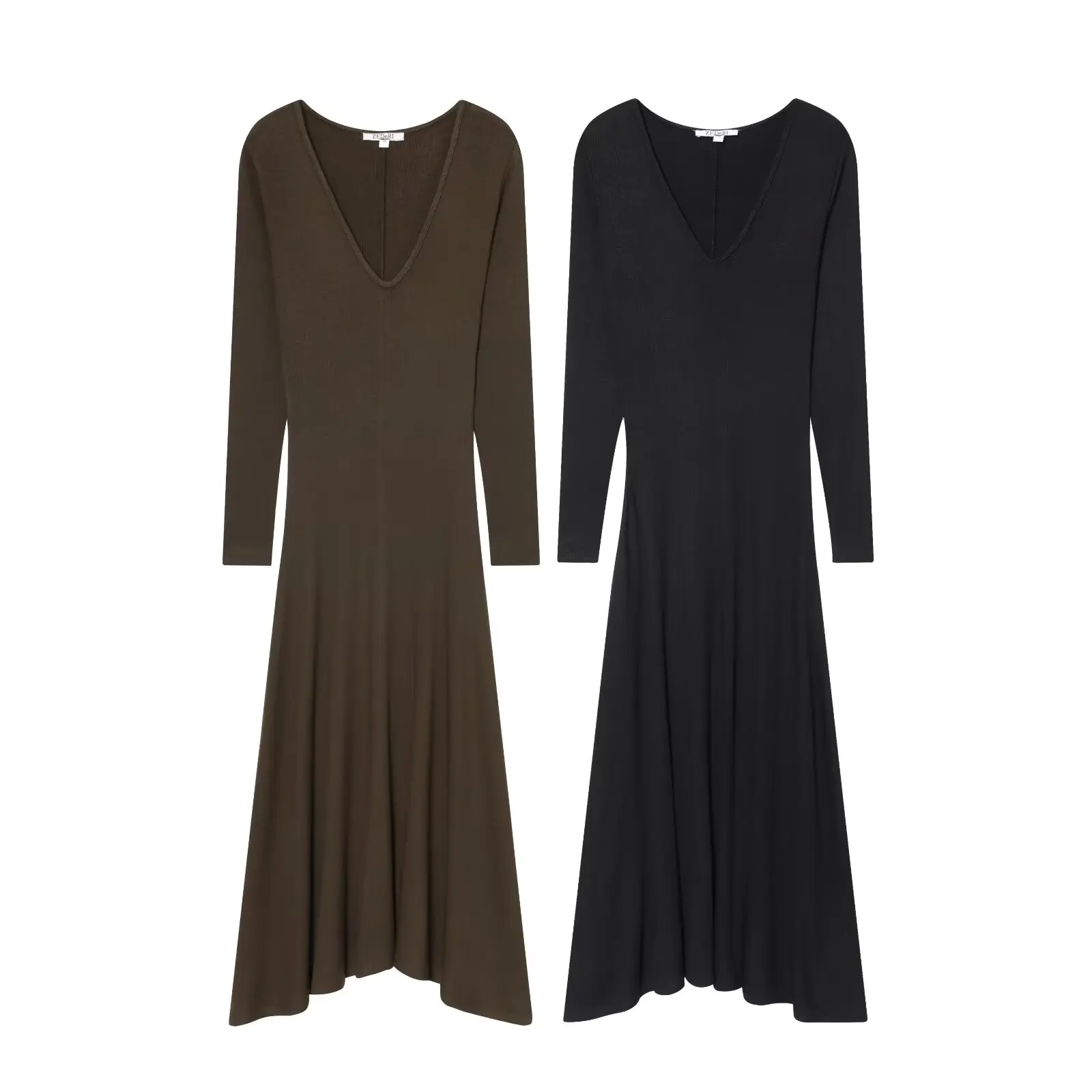 Ele Long Sve V-Ne Pure Color Slim Fit Taille Dr Damen Casual Faion European Sle Polyester H-Sle Autumn Dr